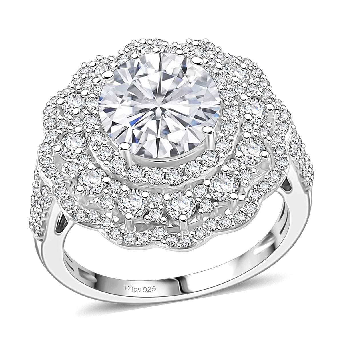 D'Joy 100 Facets Moissanite 4.25 ctw Floral Halo Ring in Rhodium Over Sterling Silver (Size 9.0) image number 0