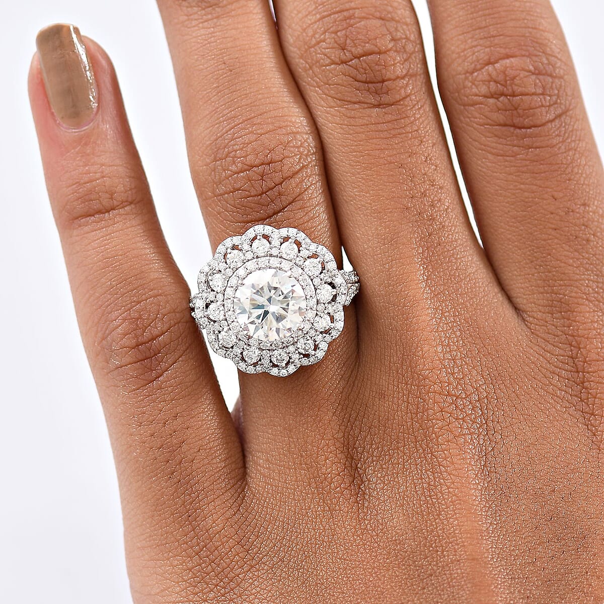 D'Joy 100 Facets Moissanite 4.25 ctw Floral Halo Ring in Rhodium Over Sterling Silver (Size 9.0) image number 2