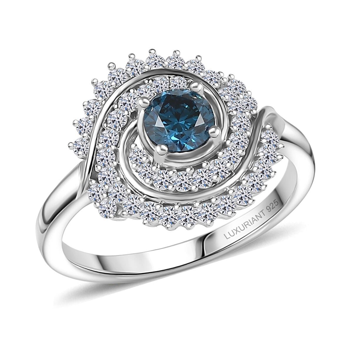 Luxuriant Lab Grown Blue and White Diamond 1.00 ctw Cosmic Spiral Ring in Rhodium Over Sterling Silver (Size 10.0) image number 0