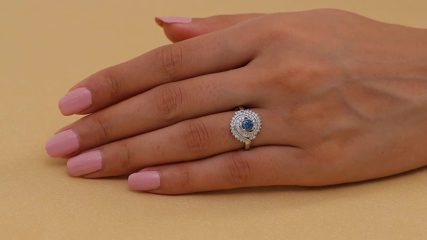 Luxuriant Lab Grown Blue Diamond (IR) and Lab Grown Diamond 1.00 ctw Cosmic Spiral Ring in Rhodium Over Sterling Silver