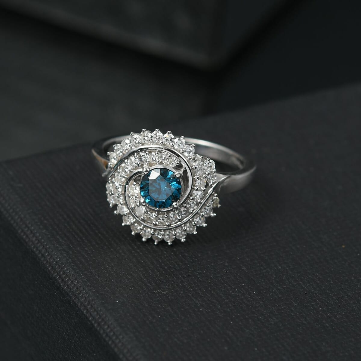 Luxuriant Lab Grown Blue and White Diamond 1.00 ctw Cosmic Spiral Ring in Rhodium Over Sterling Silver (Size 10.0) image number 1