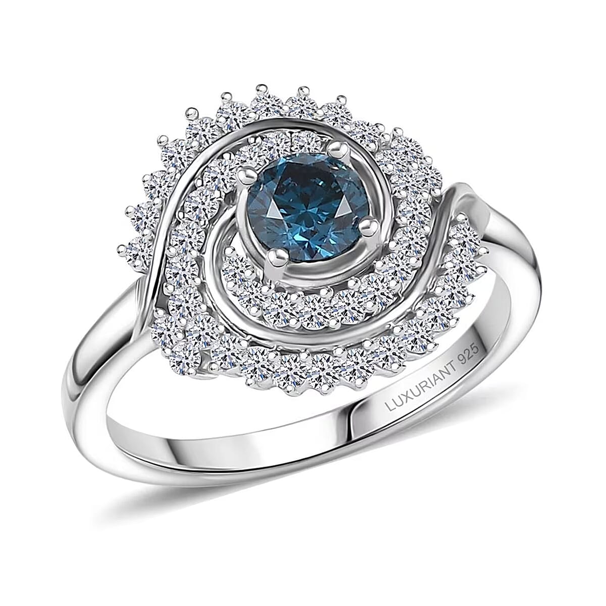 Luxuriant Lab Grown Blue Diamond (IR) and Lab Grown Diamond 1.00 ctw Cosmic Spiral Ring in Rhodium Over Sterling Silver (Size 7.0) image number 0