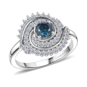 Luxuriant Lab Grown Blue and White Diamond 1.00 ctw Cosmic Spiral Ring in Rhodium Over Sterling Silver (Size 7.0)