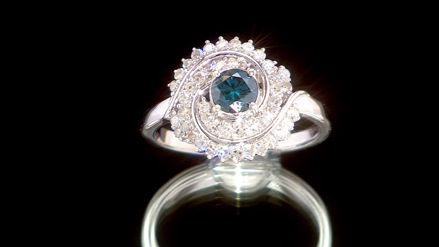 Luxuriant Lab Grown Blue Diamond (IR) and Lab Grown Diamond 1.00 ctw Cosmic Spiral Ring in Rhodium Over Sterling Silver