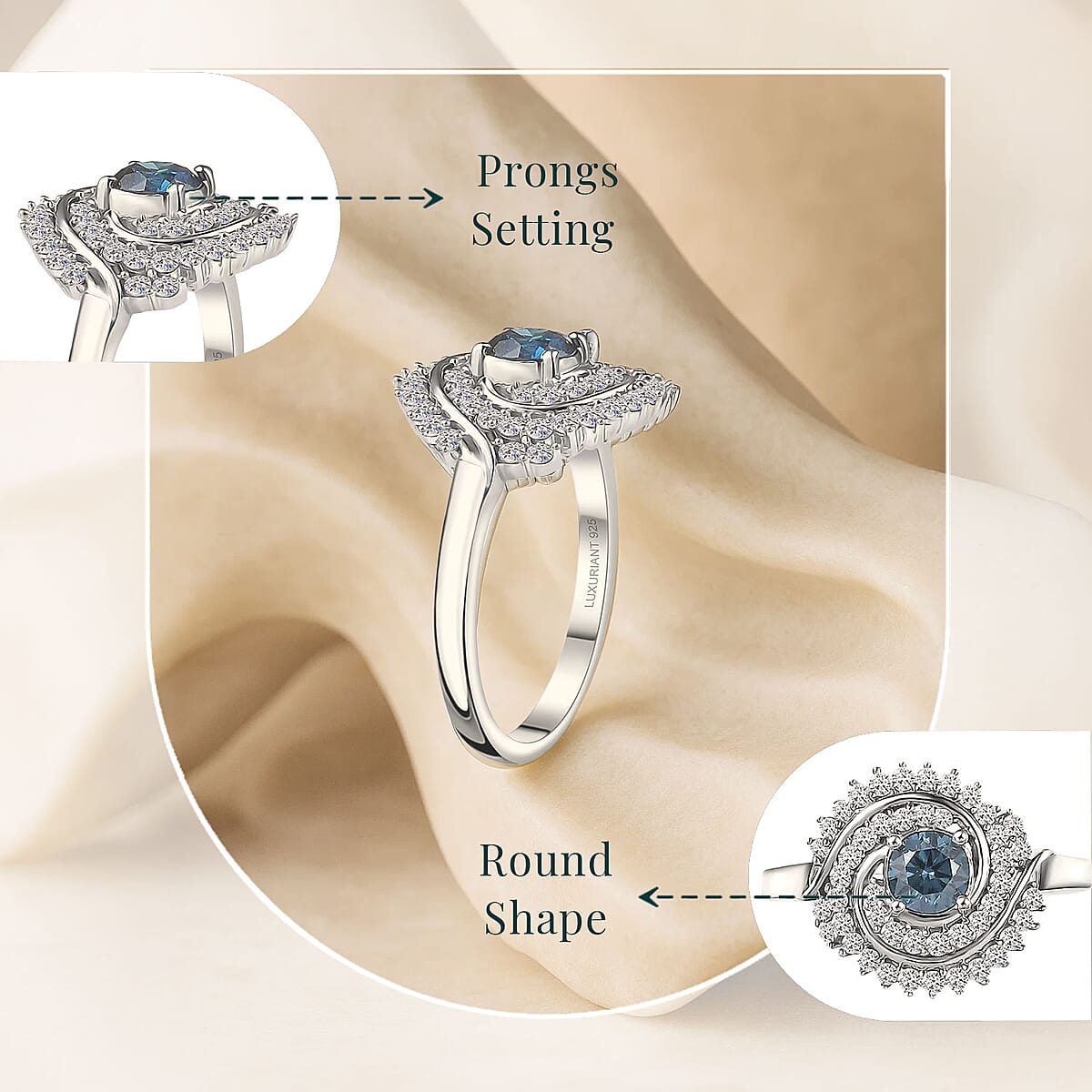 Luxuriant Lab Grown Blue Diamond (IR) and Lab Grown Diamond 1.00 ctw Cosmic Spiral Ring in Rhodium Over Sterling Silver (Size 7.0) image number 4