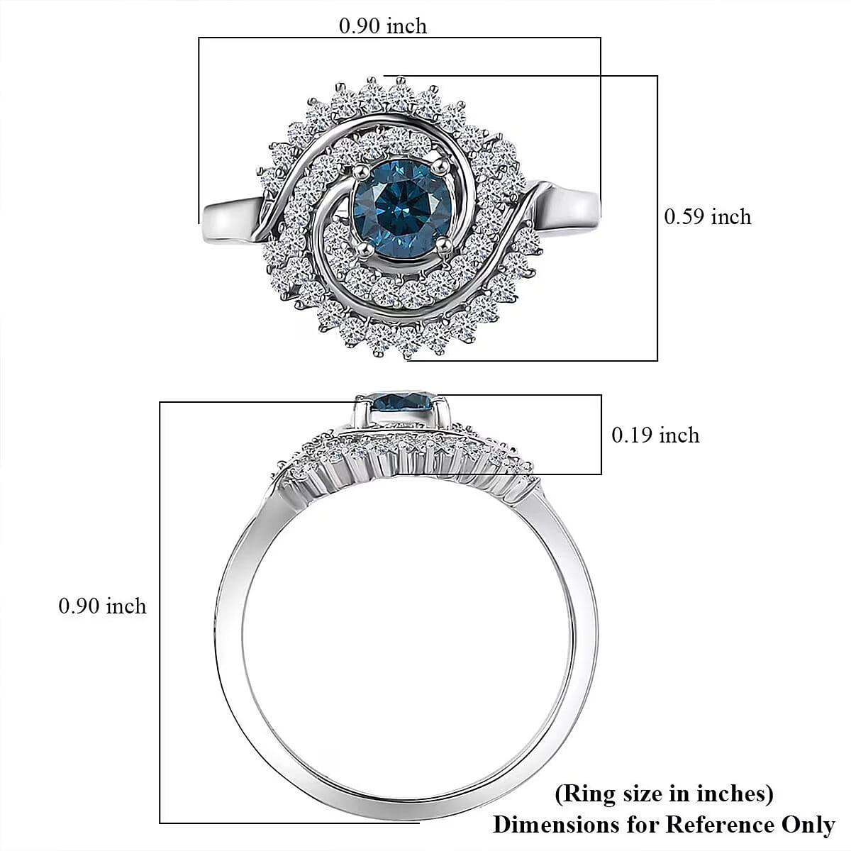 Luxuriant Lab Grown Blue Diamond (IR) and Lab Grown Diamond 1.00 ctw Cosmic Spiral Ring in Rhodium Over Sterling Silver (Size 8.0) image number 6