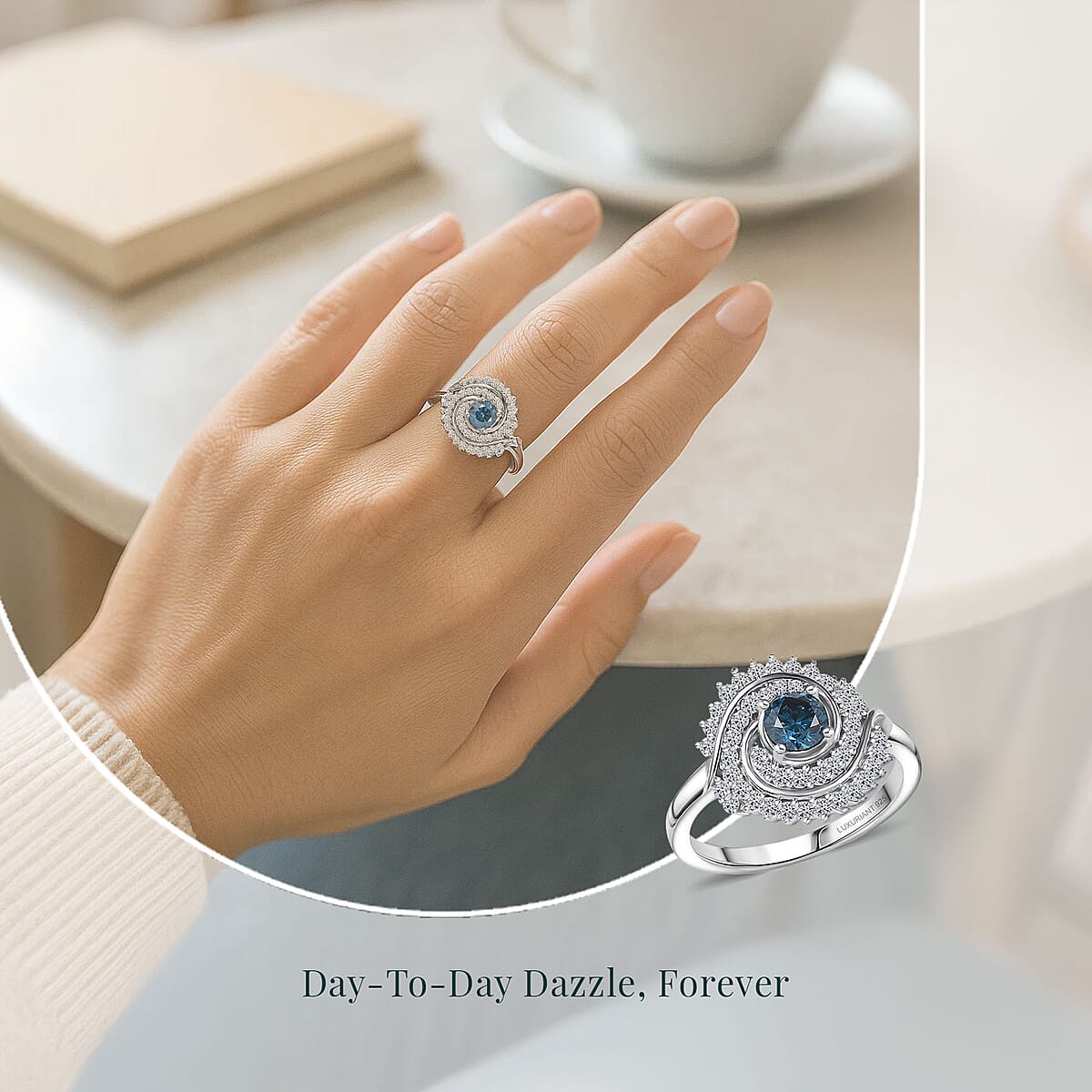 Luxuriant Lab Grown Blue Diamond (IR) and Lab Grown Diamond 1.00 ctw Cosmic Spiral Ring in Rhodium Over Sterling Silver (Size 9.0) image number 5