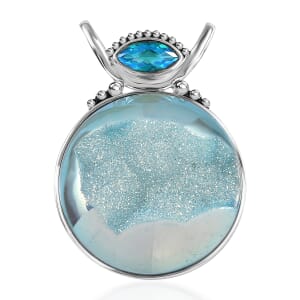 Sajen Silver Golden Dream Paraiba Window Drusy Quartz and Rainbow Paraiba Doublet Quartz 113.60 ctw Pendant without Chain in Rhodium Over Sterling Silver