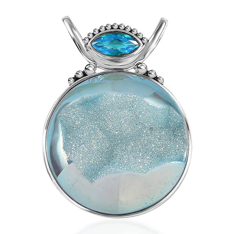 Sajen Silver Golden Dream Paraiba Window Drusy Quartz and Rainbow Paraiba Doublet Quartz 113.60 ctw Pendant without Chain in Rhodium Over Sterling Silver
