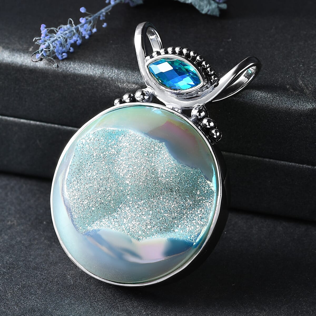Sajen Silver Golden Dream Paraiba Window Drusy Quartz and Rainbow Paraiba Doublet Quartz 113.60 ctw Pendant without Chain in Rhodium Over Sterling Silver image number 1