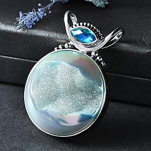 Sajen Silver Golden Dream Paraiba Window Drusy Quartz and Rainbow Paraiba Doublet Quartz 113.60 ctw Pendant without Chain in Rhodium Over Sterling Silver