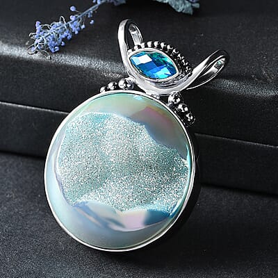 Sajen Silver Golden Dream Paraiba Window Drusy Quartz and Rainbow Paraiba Doublet Quartz 113.60 ctw Pendant without Chain in Rhodium Over Sterling Silver