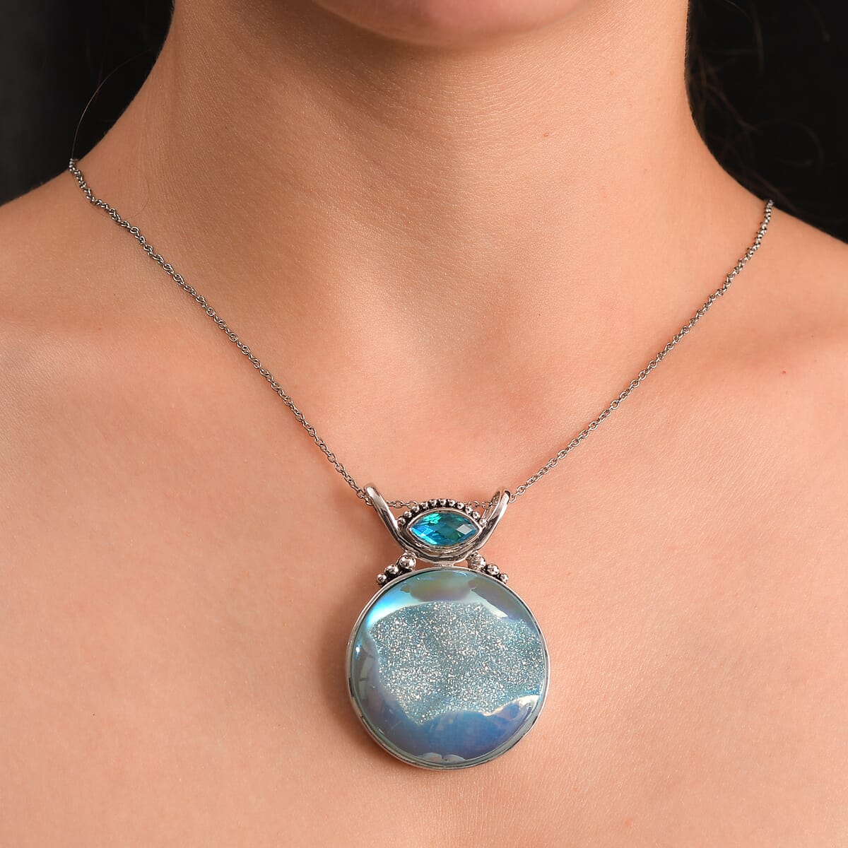 Sajen Silver Golden Dream Paraiba Window Drusy Quartz and Rainbow Paraiba Doublet Quartz 113.60 ctw Pendant without Chain in Rhodium Over Sterling Silver image number 2
