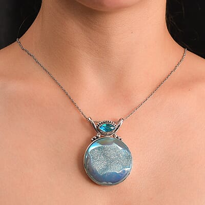 Sajen Silver Golden Dream Paraiba Window Drusy Quartz and Rainbow Paraiba Doublet Quartz 113.60 ctw Pendant without Chain in Rhodium Over Sterling Silver