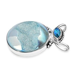 Sajen Silver Golden Dream Paraiba Window Drusy Quartz and Rainbow Paraiba Doublet Quartz 113.60 ctw Pendant without Chain in Rhodium Over Sterling Silver