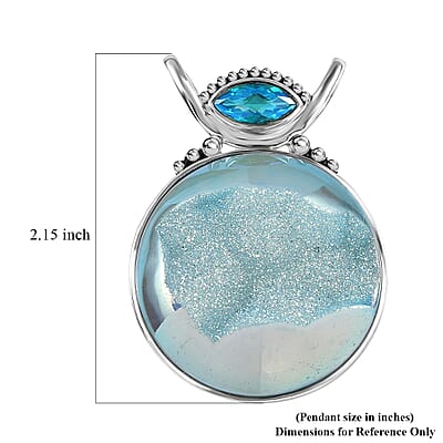 Sajen Silver Golden Dream Paraiba Window Drusy Quartz and Rainbow Paraiba Doublet Quartz 113.60 ctw Pendant without Chain in Rhodium Over Sterling Silver