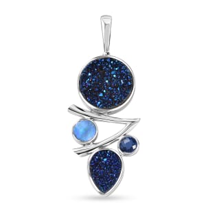 Sajen Silver Flat Blue Sapphire Drusy Quartz and Multi Gemstone 6.90 ctw Pendant without Chain in Rhodium Over Sterling Silver