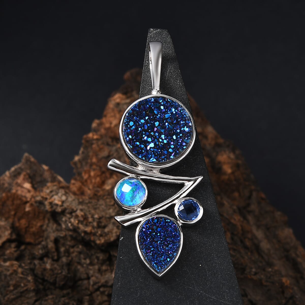 Sajen Silver Flat Blue Sapphire Drusy Quartz and Multi Gemstone 6.90 ctw Pendant without Chain in Rhodium Over Sterling Silver image number 1