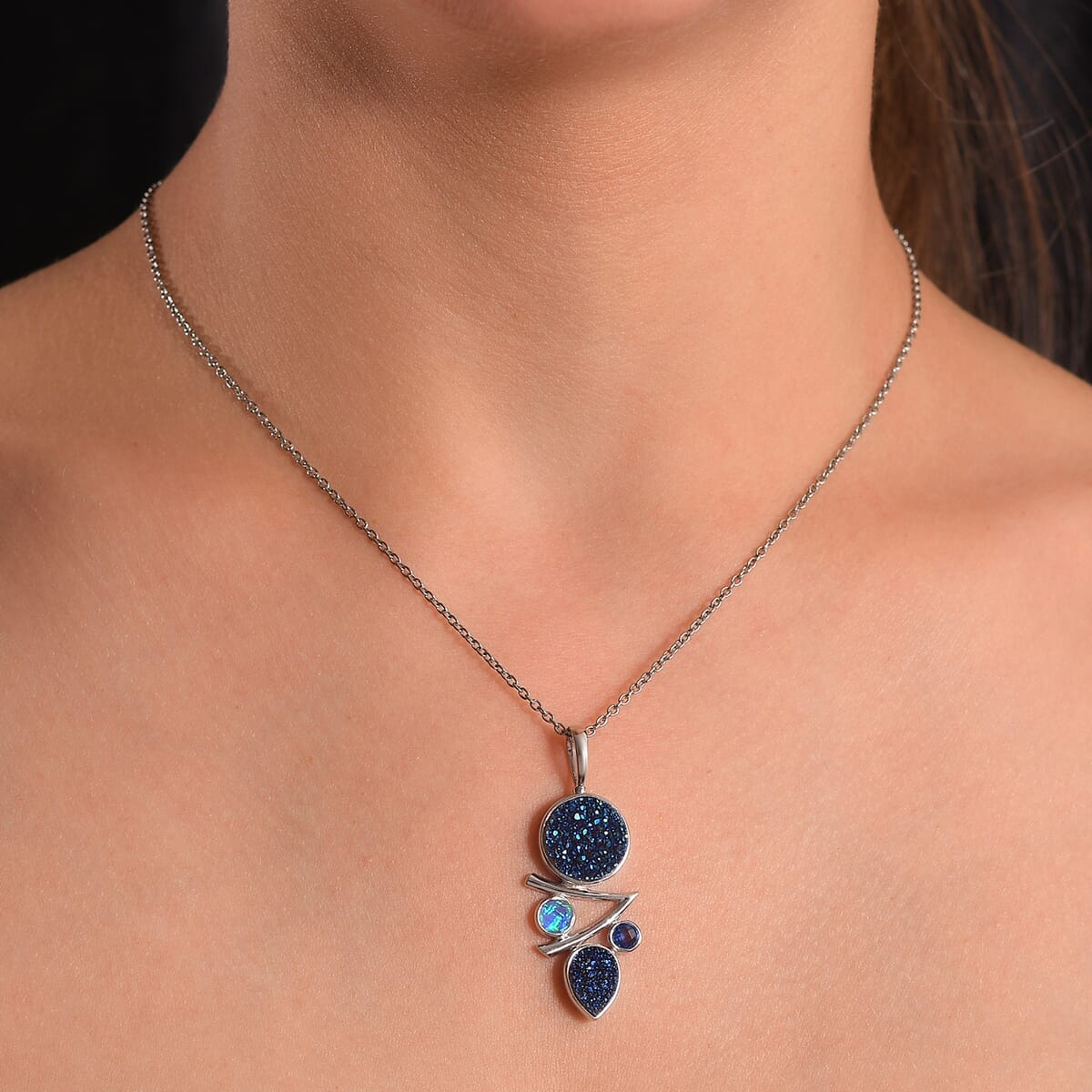 Sajen Silver Flat Blue Sapphire Drusy Quartz and Multi Gemstone 6.90 ctw Pendant without Chain in Rhodium Over Sterling Silver image number 2