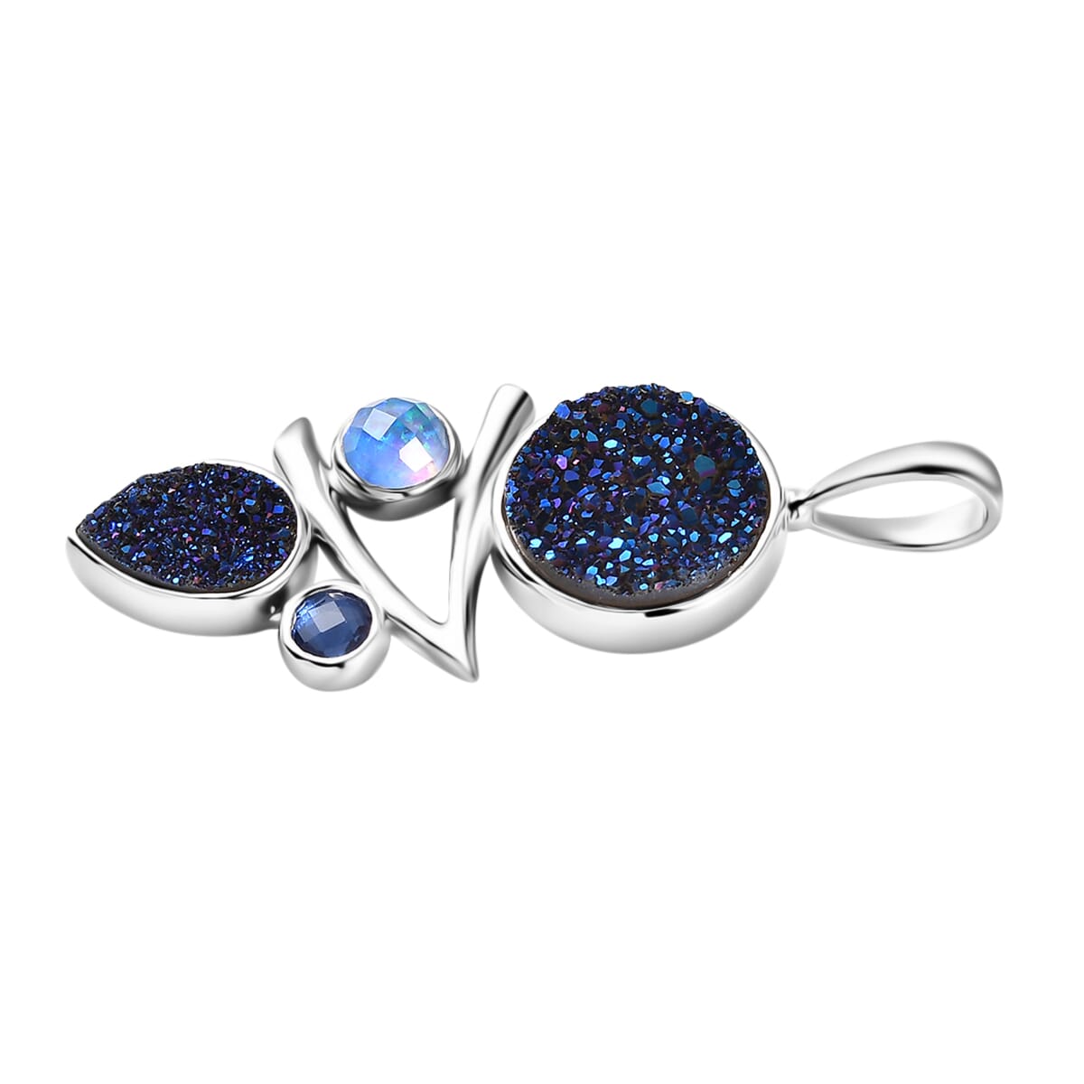 Sajen Silver Flat Blue Sapphire Drusy Quartz and Multi Gemstone 6.90 ctw Pendant without Chain in Rhodium Over Sterling Silver image number 3