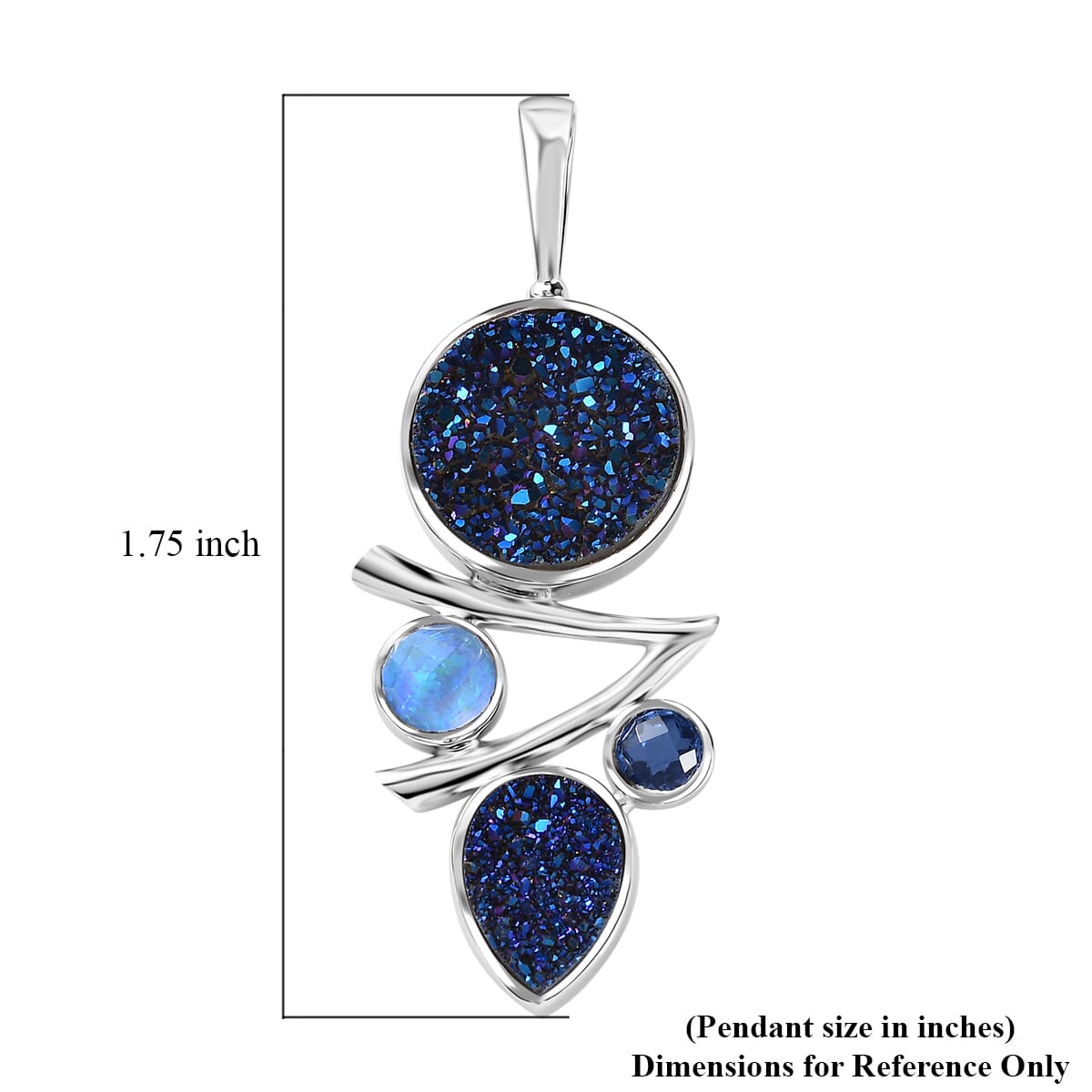 Sajen Silver Flat Blue Sapphire Drusy Quartz and Multi Gemstone 6.90 ctw Pendant without Chain in Rhodium Over Sterling Silver image number 5