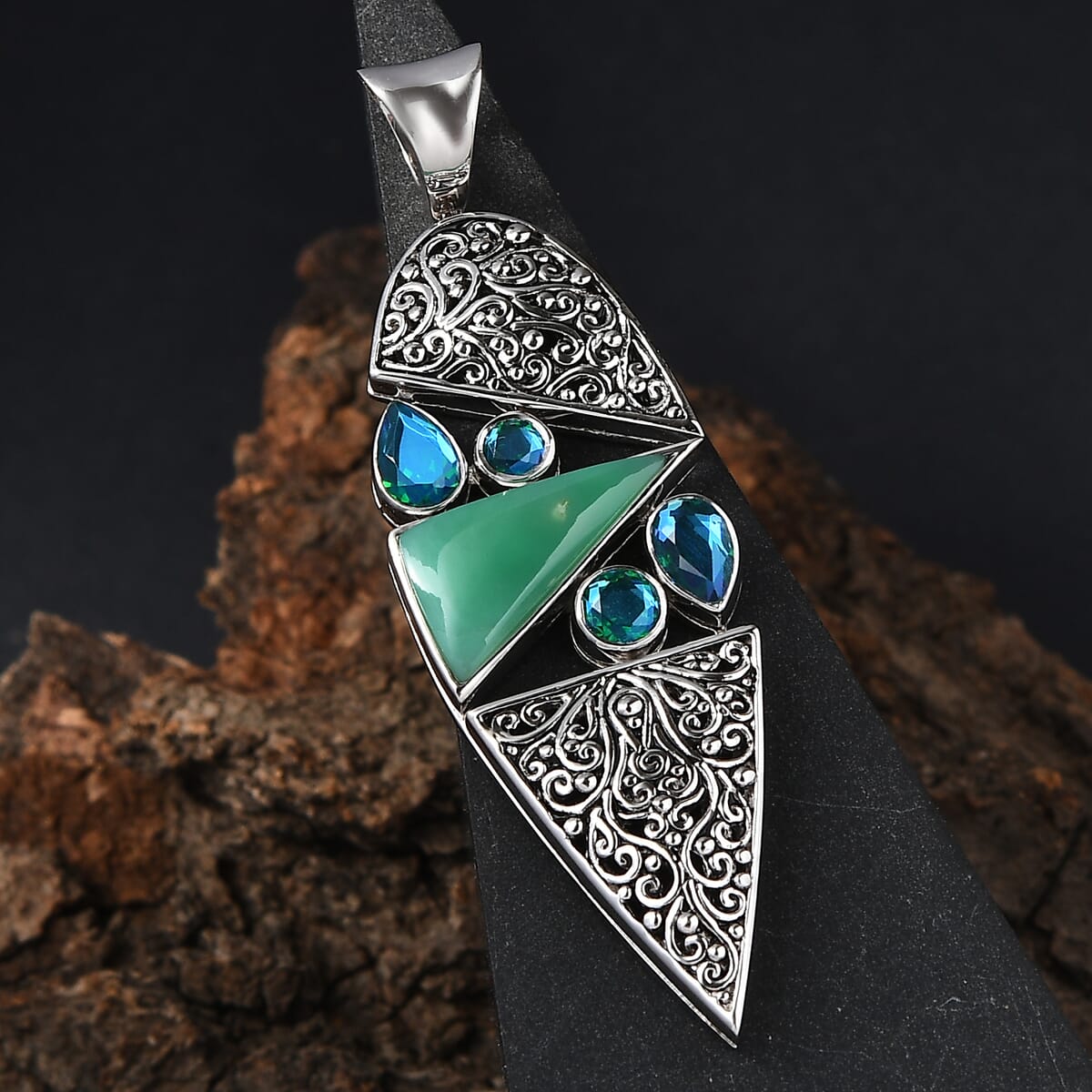 Sajen Silver Chrysoprase and Rainbow Paraiba Doublet Quartz 3.00 ctw Pendant in Rhodium Over Sterling Silver image number 1