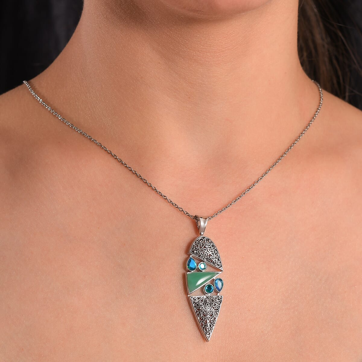 Sajen Silver Chrysoprase and Rainbow Paraiba Doublet Quartz 3.00 ctw Pendant in Rhodium Over Sterling Silver image number 2
