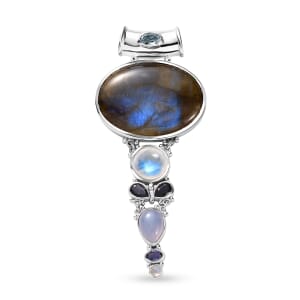 Sajen Silver Malagasy Labradorite and Multi Gemstone 42.50 ctw Pendant without Chain in Rhodium Over Sterling Silver