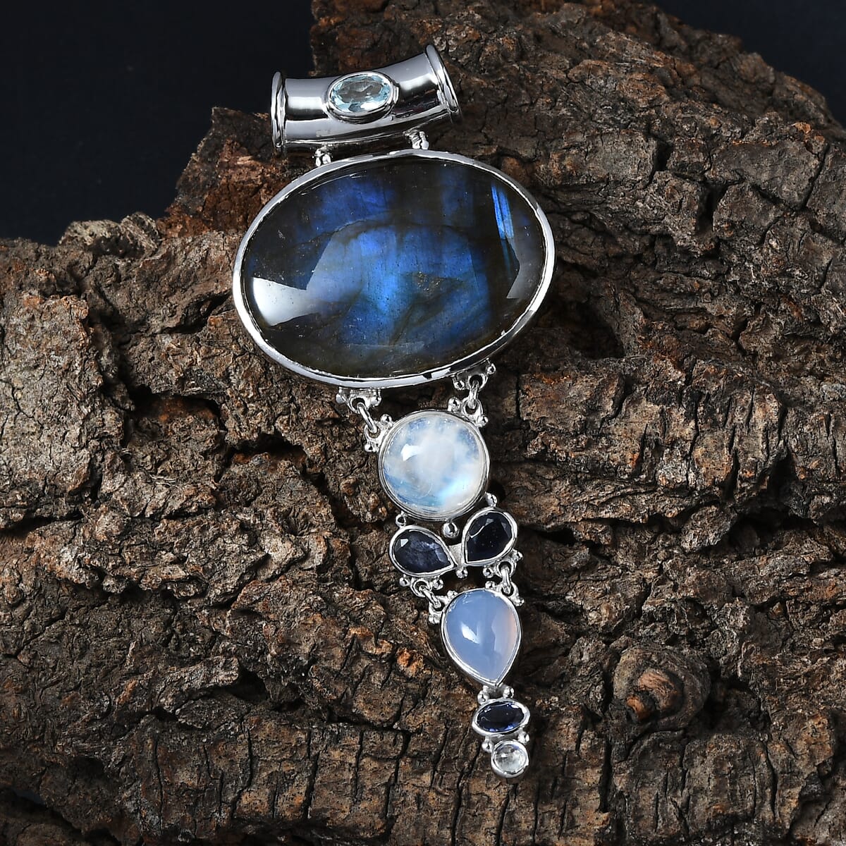 Sajen Silver Malagasy Labradorite and Multi Gemstone 42.50 ctw Pendant without Chain in Rhodium Over Sterling Silver image number 1