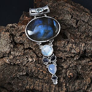 Sajen Silver Malagasy Labradorite and Multi Gemstone 42.50 ctw Pendant without Chain in Rhodium Over Sterling Silver
