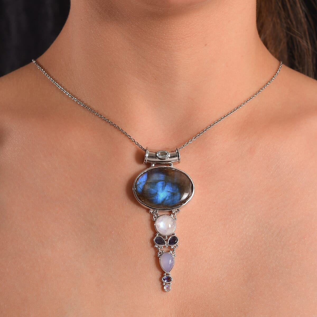 Sajen Silver Malagasy Labradorite and Multi Gemstone 42.50 ctw Pendant without Chain in Rhodium Over Sterling Silver image number 2