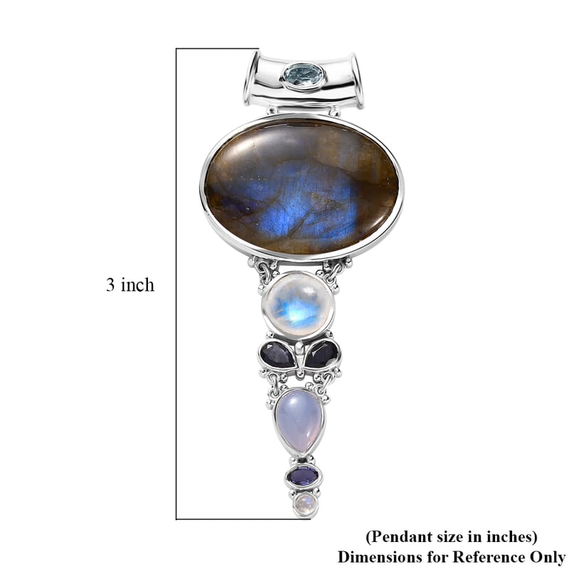 Sajen Silver Malagasy Labradorite and Multi Gemstone 42.50 ctw Pendant without Chain in Rhodium Over Sterling Silver