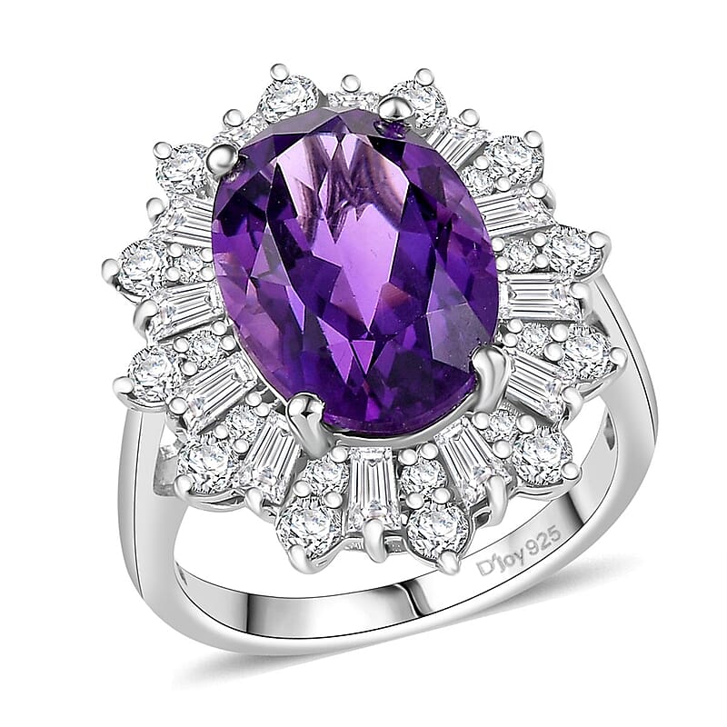 D'Joy Lusaka Amethyst and Moissanite 7.50 ctw Crown Solstice Ring in Rhodium Over Sterling Silver (Size 10.0)