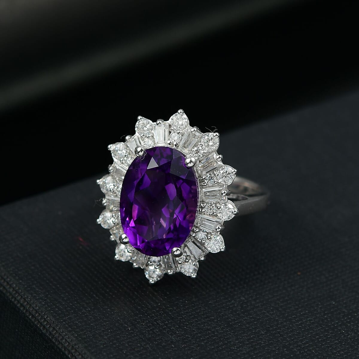 D’Joy Lusaka Amethyst and Moissanite 7.50 ctw Starburst Ring in Rhodium Over Sterling Silver (Size 10.0) image number 1