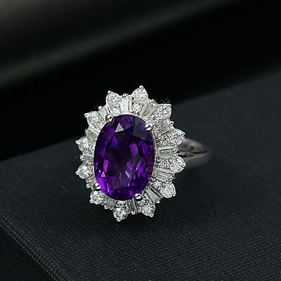D'Joy Lusaka Amethyst and Moissanite 7.50 ctw Crown Solstice Ring in Rhodium Over Sterling Silver (Size 10.0)