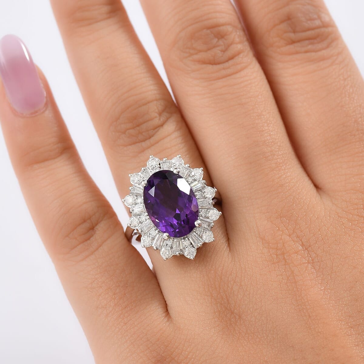 D’Joy Lusaka Amethyst and Moissanite 7.50 ctw Starburst Ring in Rhodium Over Sterling Silver (Size 10.0) image number 2