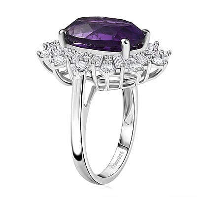 D'Joy Lusaka Amethyst and Moissanite 7.50 ctw Crown Solstice Ring in Rhodium Over Sterling Silver (Size 10.0)