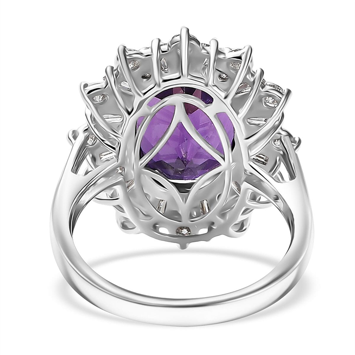 D'Joy Lusaka Amethyst and Moissanite 7.50 ctw Crown Solstice Ring in Rhodium Over Sterling Silver (Size 10.0)