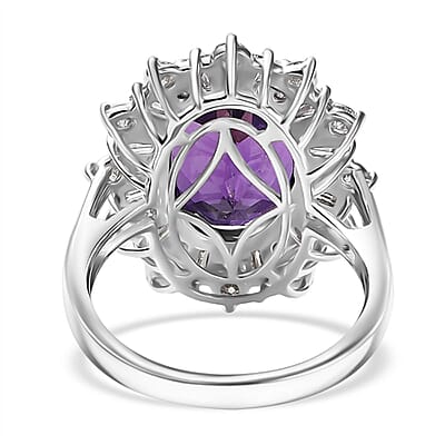 D'Joy Lusaka Amethyst and Moissanite 7.50 ctw Crown Solstice Ring in Rhodium Over Sterling Silver (Size 10.0)