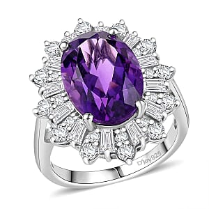 D'Joy Lusaka Amethyst and Moissanite 7.50 ctw Crown Solstice Ring in Rhodium Over Sterling Silver (Size 9.0)