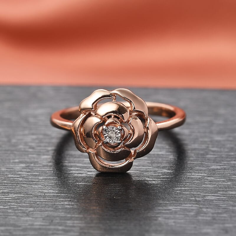 D'Joy Diamond Accent Floral Ring in 18K Vermeil Rose Gold Over Sterling Silver (Size 10.0)