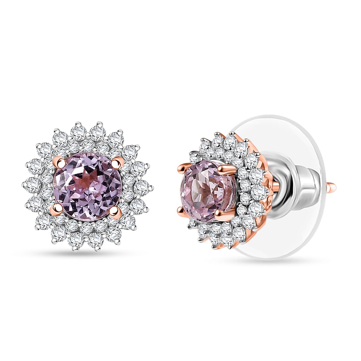 D'Joy Premium Martha Rocha Kunzite and Moissanite 1.75 ctw Bloom Fire Stud Earrings in 18K Vermeil Rose Gold Over Sterling Silver image number 0