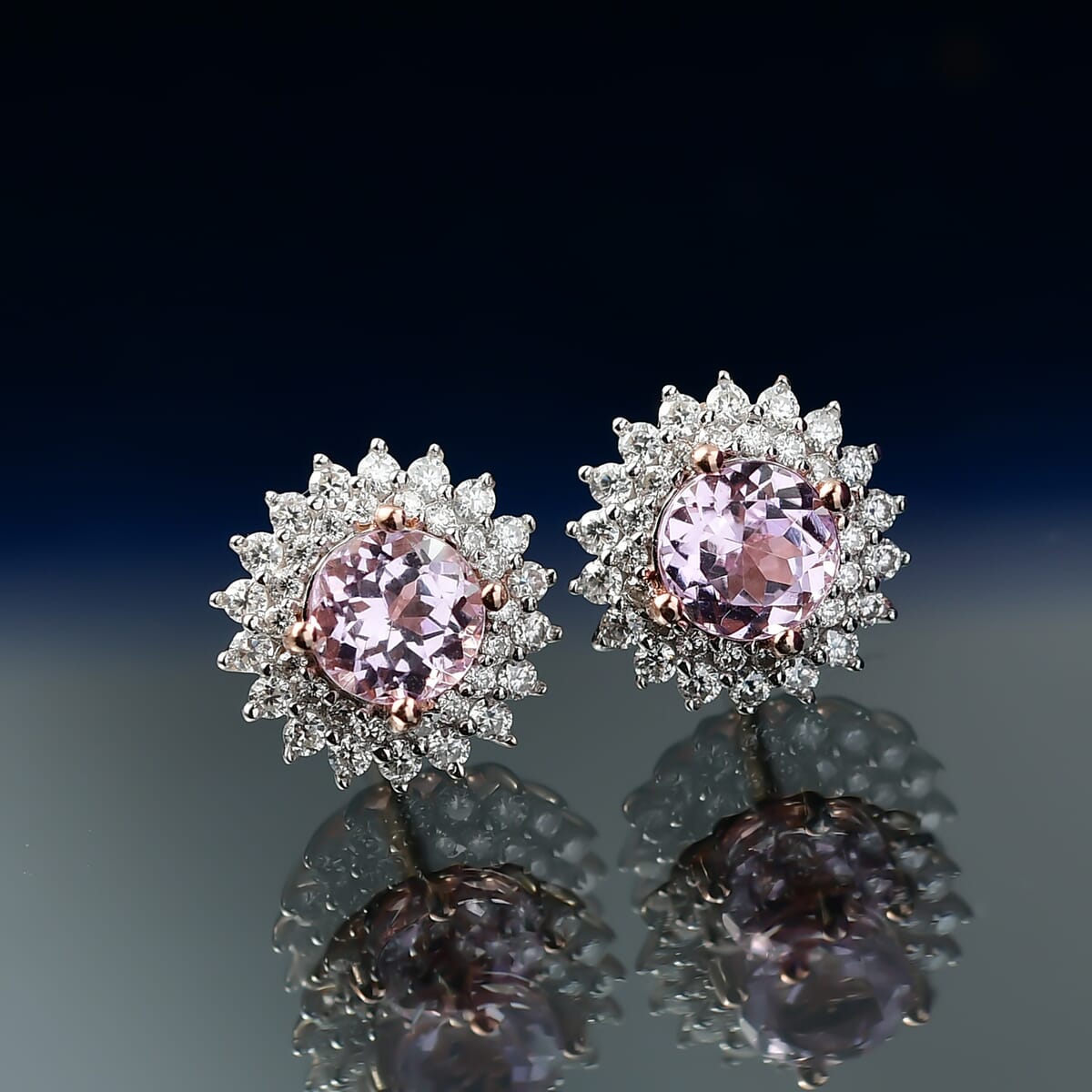 D'Joy Premium Martha Rocha Kunzite and Moissanite 1.75 ctw Bloom Fire Stud Earrings in 18K Vermeil Rose Gold Over Sterling Silver image number 1