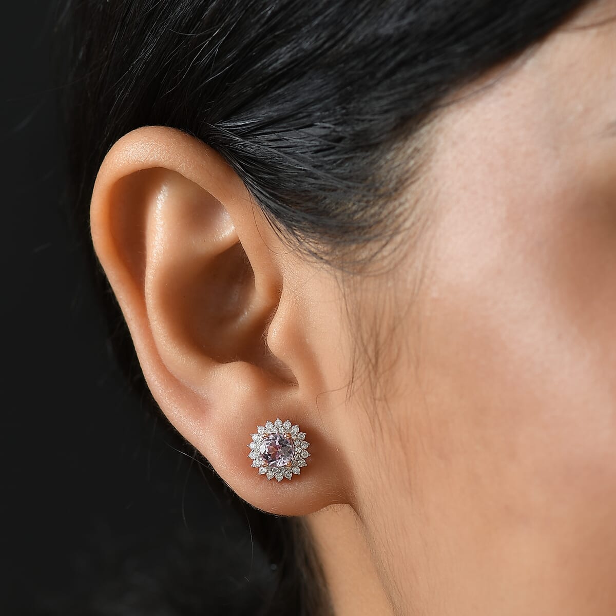 D'Joy Premium Martha Rocha Kunzite and Moissanite 1.75 ctw Bloom Fire Stud Earrings in 18K Vermeil Rose Gold Over Sterling Silver image number 2