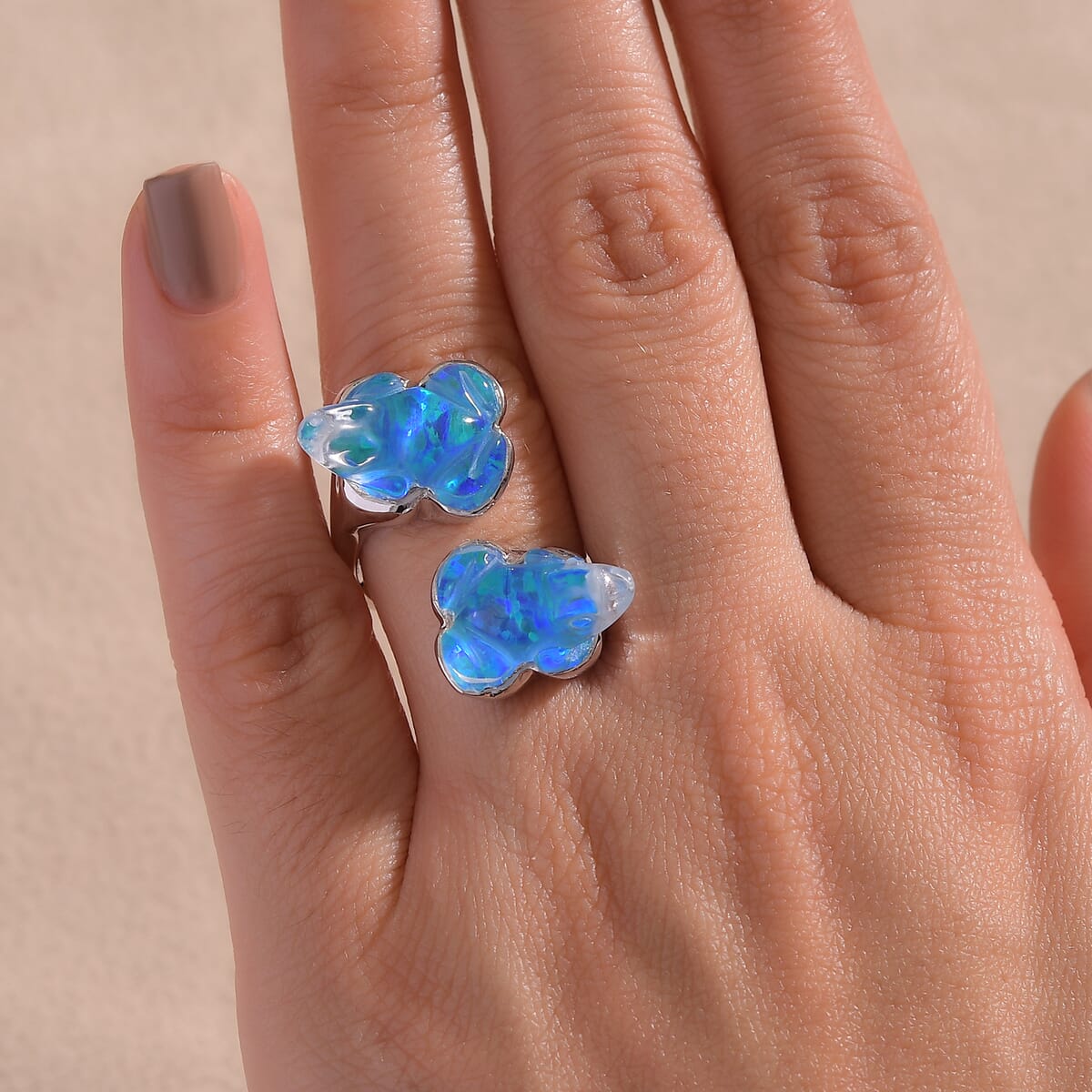 Sajen Silver Blue Opal Doublet Quartz Carved Frog 12.15 ctw Ring in Rhodium Over Sterling Silver (Size 10.0) image number 2