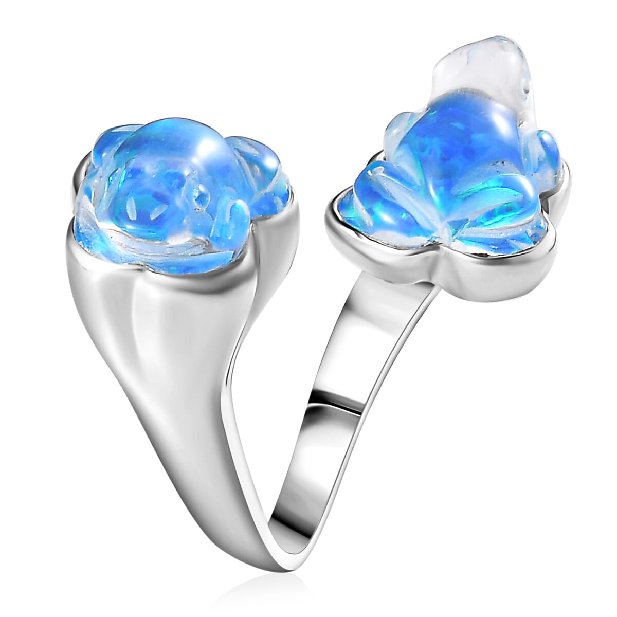 Sajen Silver Blue Opal Doublet Quartz Carved Frog 12.15 ctw Ring in Rhodium Over Sterling Silver (Size 10.0) image number 3