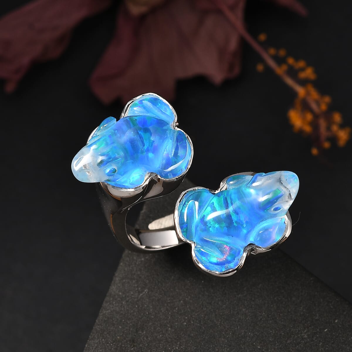 Sajen Silver Blue Opal Doublet Quartz Carved Frog 12.15 ctw Ring in Rhodium Over Sterling Silver (Size 7.0) image number 1
