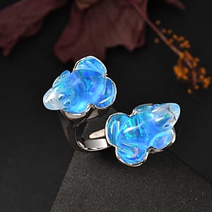 Sajen Silver Blue Opal Doublet Quartz Carved Frog 12.15 ctw Ring in Rhodium Over Sterling Silver (Size 7.0)