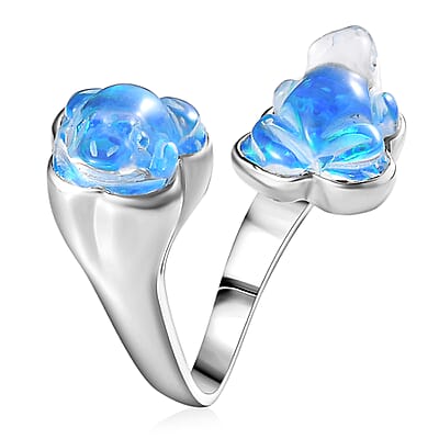 Sajen Silver Blue Opal Doublet Quartz Carved Frog 12.15 ctw Ring in Rhodium Over Sterling Silver (Size 8.0)