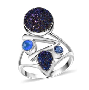 Sajen Silver Flat Blue Sapphire Drusy Quartz and Multi Gemstone 3.75 ctw Ring in Rhodium Over Sterling Silver (Size 10.0)
